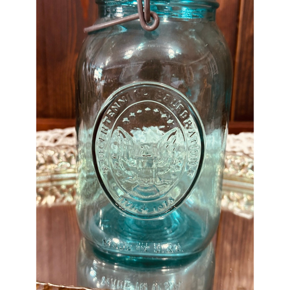 Vintage Ball Ideal Aqua Blue Glass Jar Bicentennial 1776-1976 Wire Bail Lid - Picture 3 of 10